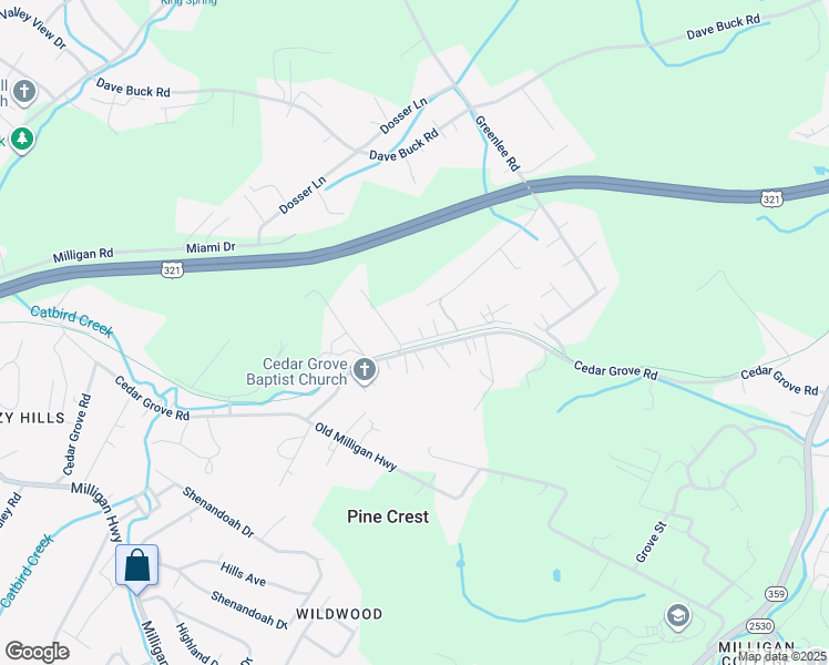 map of restaurants, bars, coffee shops, grocery stores, and more near 337 Cedar Grove Road in Johnson City