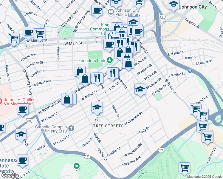 map of restaurants, bars, coffee shops, grocery stores, and more near 427 West Maple Street in Johnson City