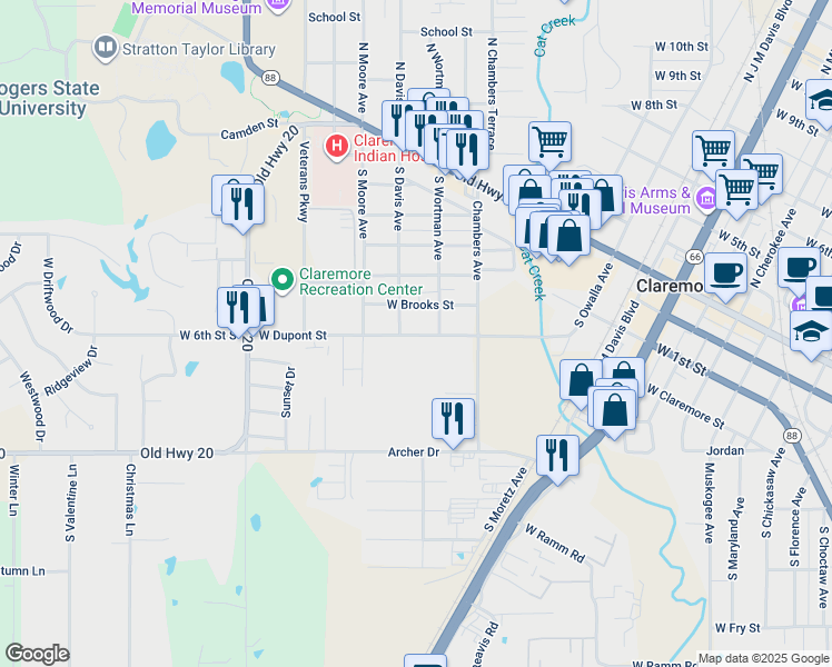 map of restaurants, bars, coffee shops, grocery stores, and more near 1325 West Dupont Street in Claremore