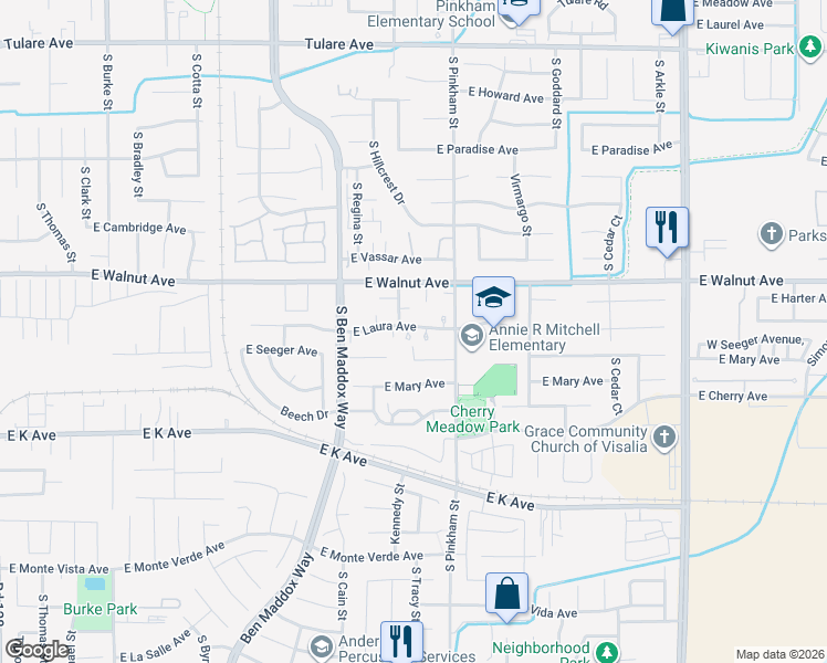 map of restaurants, bars, coffee shops, grocery stores, and more near 1928 East Seeger Avenue in Visalia
