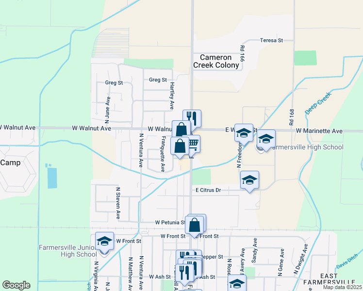 map of restaurants, bars, coffee shops, grocery stores, and more near 1555 Farmersville Road in Farmersville