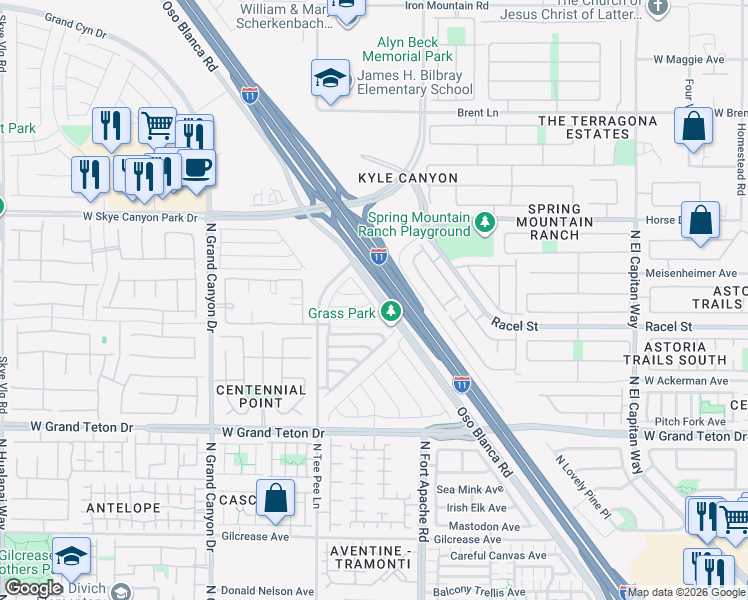 map of restaurants, bars, coffee shops, grocery stores, and more near 8244 Brilliant Pompon in Las Vegas