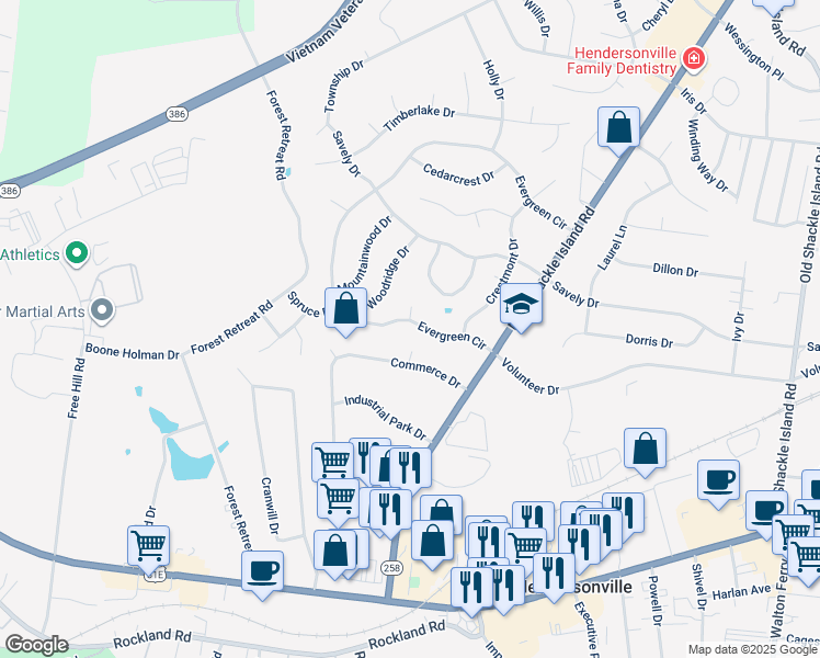map of restaurants, bars, coffee shops, grocery stores, and more near 127 Evergreen Circle in Hendersonville