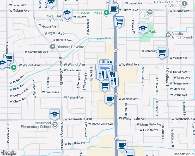 map of restaurants, bars, coffee shops, grocery stores, and more near in Visalia
