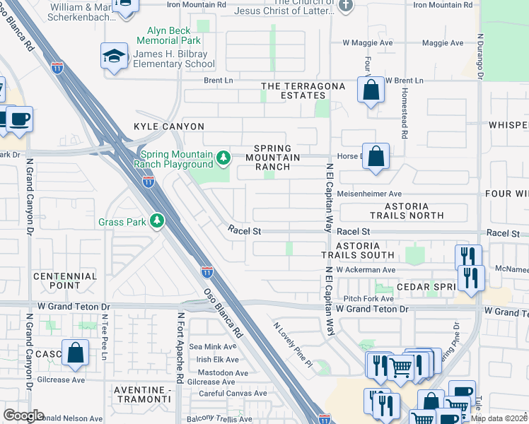 map of restaurants, bars, coffee shops, grocery stores, and more near 9017 Iron Hitch Avenue in Las Vegas