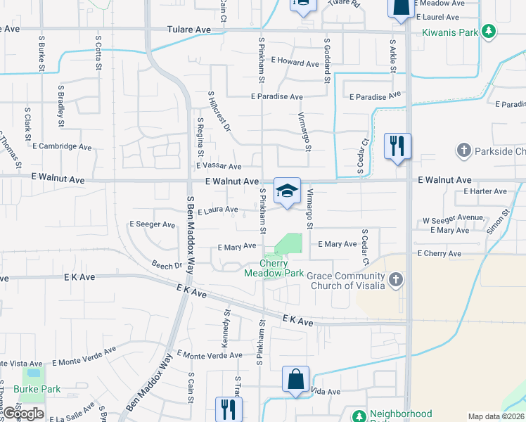 map of restaurants, bars, coffee shops, grocery stores, and more near 2121 East Laura Avenue in Visalia