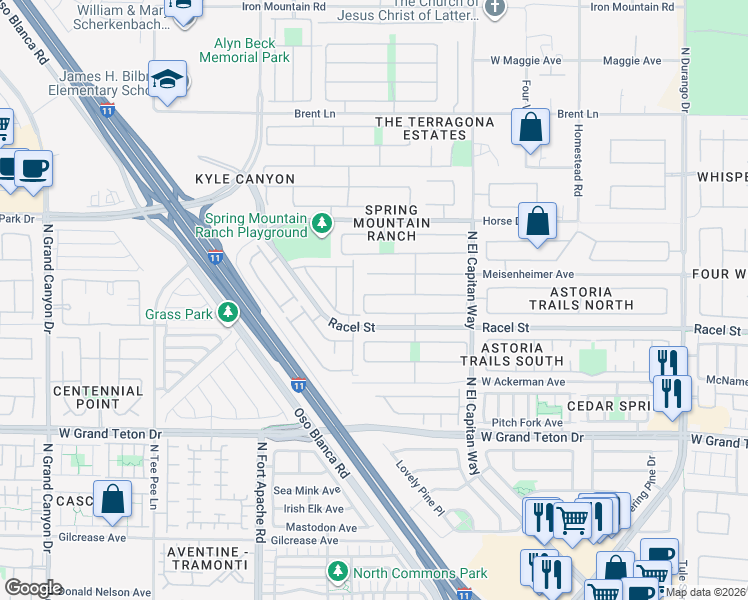 map of restaurants, bars, coffee shops, grocery stores, and more near 9025 Iron Hitch Avenue in Las Vegas
