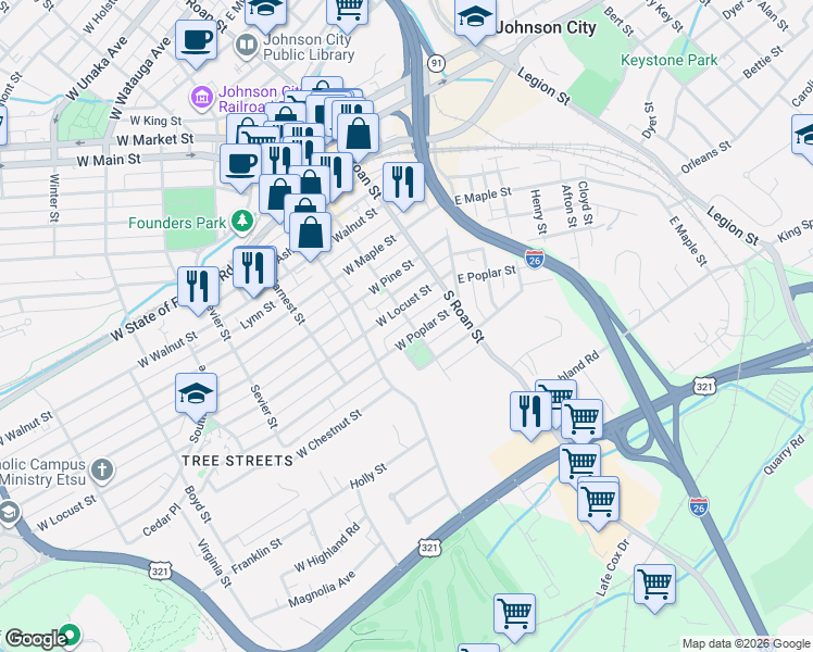 map of restaurants, bars, coffee shops, grocery stores, and more near 212 West Poplar Street in Johnson City