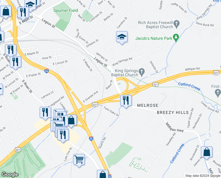map of restaurants, bars, coffee shops, grocery stores, and more near 207 Young Street in Johnson City