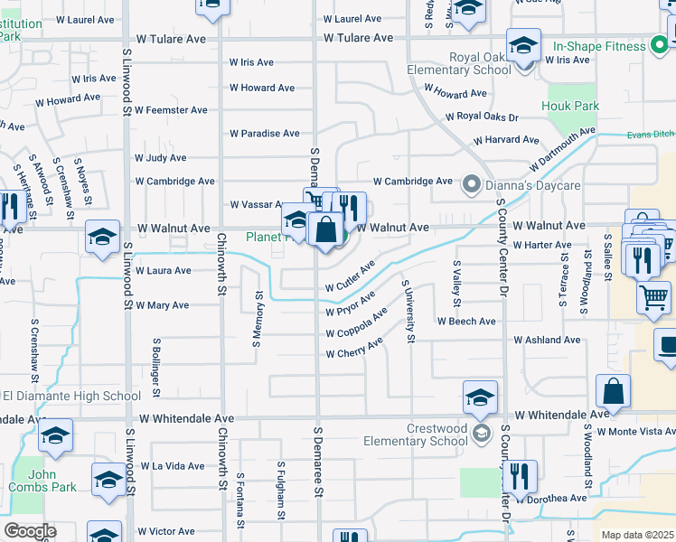 map of restaurants, bars, coffee shops, grocery stores, and more near 3626 West Cutler Avenue in Visalia
