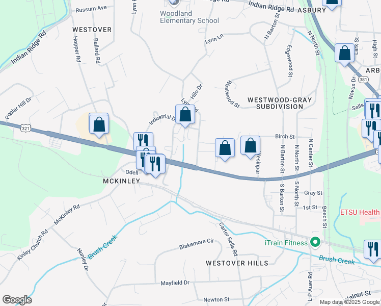 map of restaurants, bars, coffee shops, grocery stores, and more near 100-138 Lynn Road in Johnson City