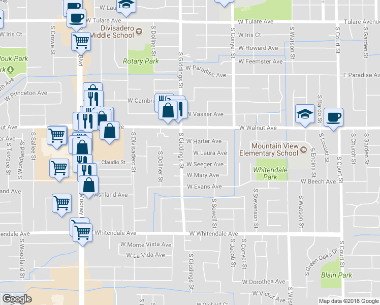 map of restaurants, bars, coffee shops, grocery stores, and more near 2147 South Oak Park Street in Visalia