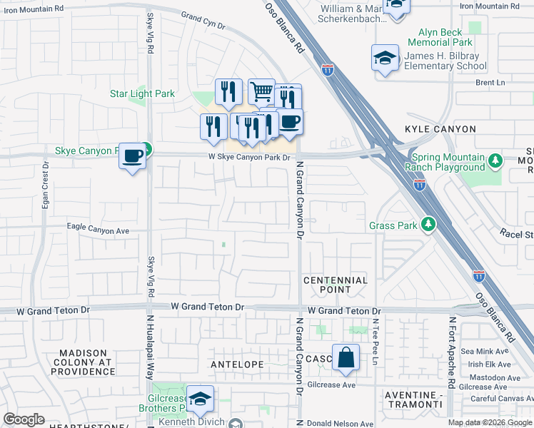 map of restaurants, bars, coffee shops, grocery stores, and more near 9710 Bold Skye Avenue in Las Vegas