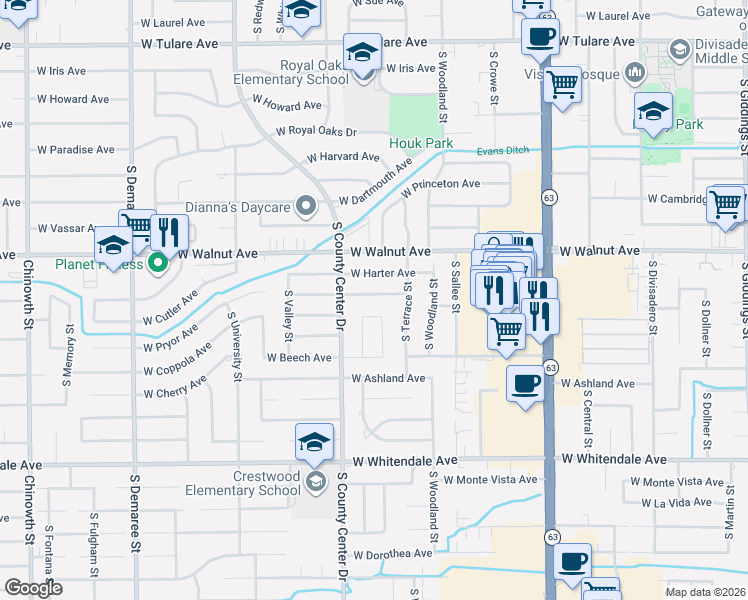 map of restaurants, bars, coffee shops, grocery stores, and more near 2315 South Linda Vista Street in Visalia