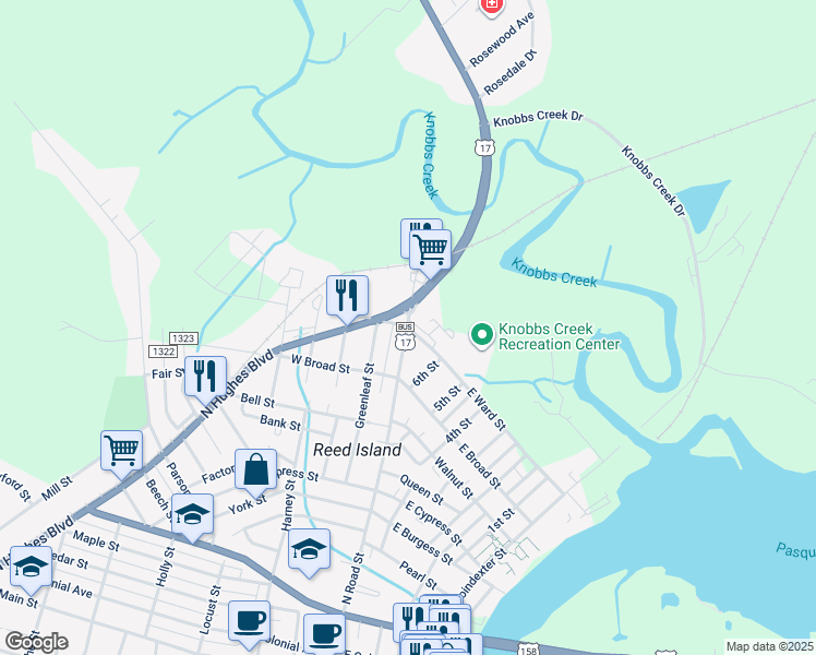 map of restaurants, bars, coffee shops, grocery stores, and more near 100 East Ward Street in Elizabeth City