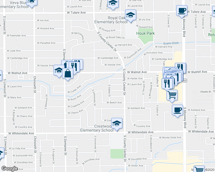 map of restaurants, bars, coffee shops, grocery stores, and more near 2139 South Valley Street in Visalia