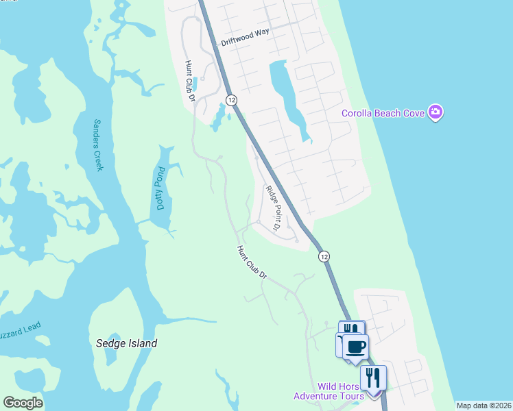 map of restaurants, bars, coffee shops, grocery stores, and more near 756 Dune Point Road in Currituck County