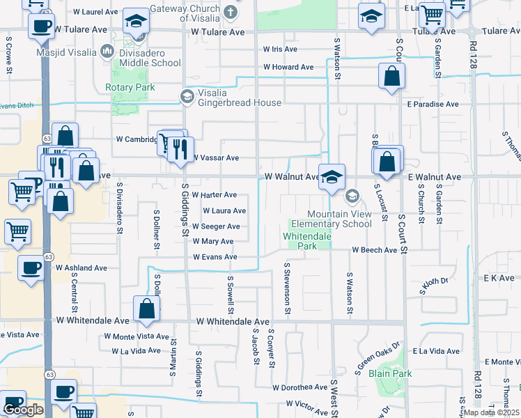 map of restaurants, bars, coffee shops, grocery stores, and more near 2100 South Jacob Street in Visalia