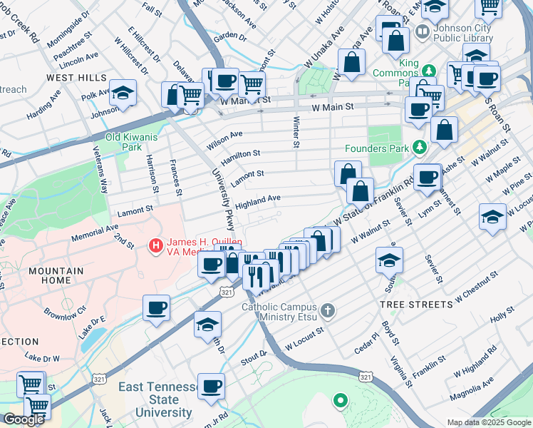 map of restaurants, bars, coffee shops, grocery stores, and more near 401 Highland Avenue in Johnson City