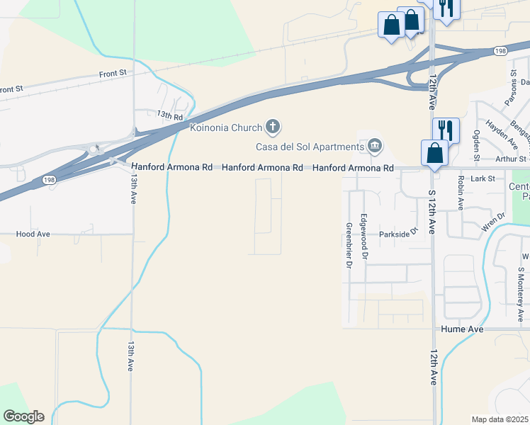 map of restaurants, bars, coffee shops, grocery stores, and more near 12589 Hanford Armona Road in Hanford