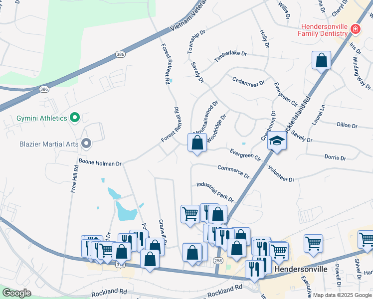map of restaurants, bars, coffee shops, grocery stores, and more near 104 Spruce Drive in Hendersonville