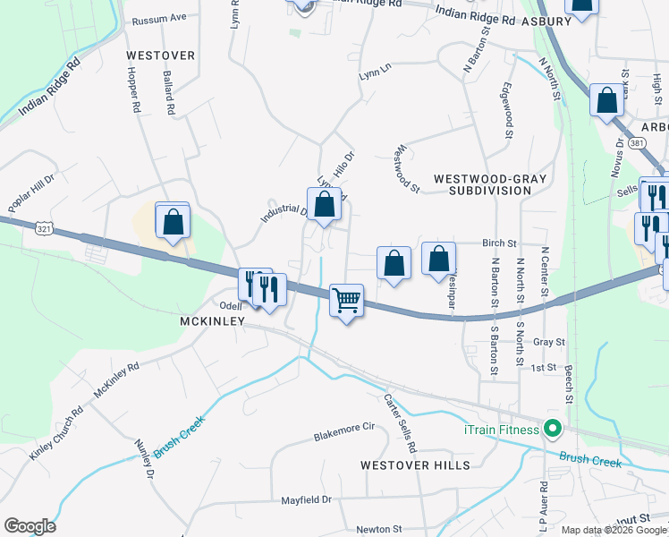 map of restaurants, bars, coffee shops, grocery stores, and more near 121 Lynn Road in Johnson City