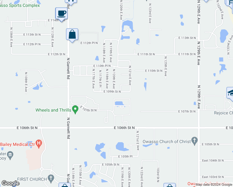 map of restaurants, bars, coffee shops, grocery stores, and more near 12002 East 109th Street North in Owasso