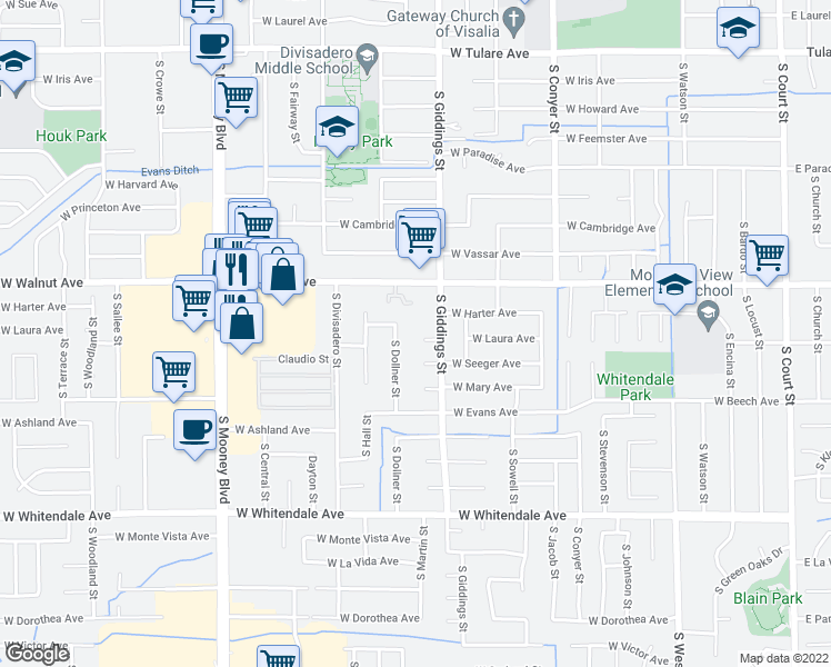 map of restaurants, bars, coffee shops, grocery stores, and more near 1344 West Laura Court in Visalia