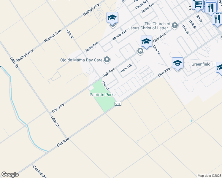 map of restaurants, bars, coffee shops, grocery stores, and more near 1296 Spark Street in Greenfield