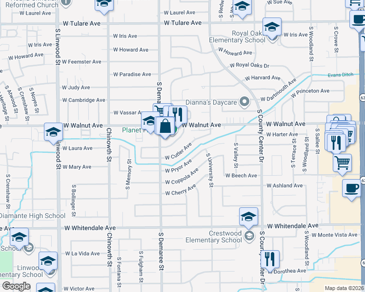 map of restaurants, bars, coffee shops, grocery stores, and more near 3505 West Colonial Avenue in Visalia