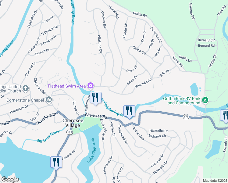 map of restaurants, bars, coffee shops, grocery stores, and more near 151 Flathead Drive in Cherokee Village