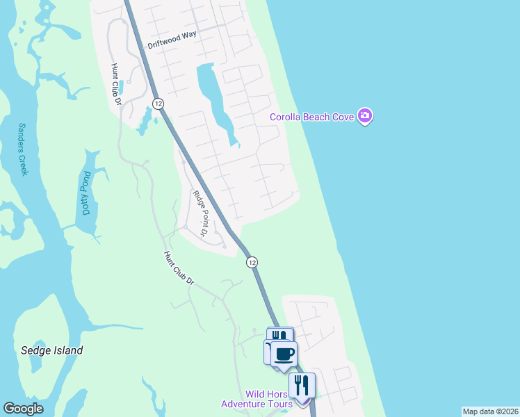 map of restaurants, bars, coffee shops, grocery stores, and more near 629 Sanderling Trail in Corolla