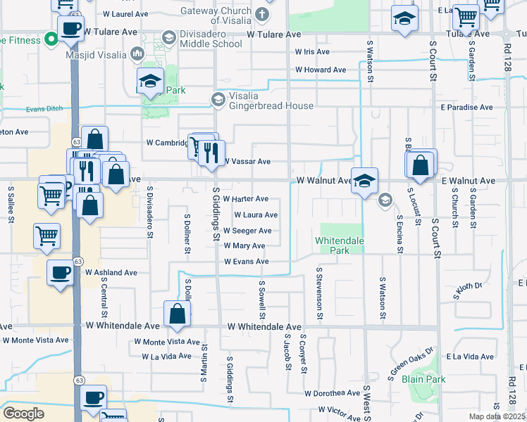 map of restaurants, bars, coffee shops, grocery stores, and more near 1020 West Laura Avenue in Visalia