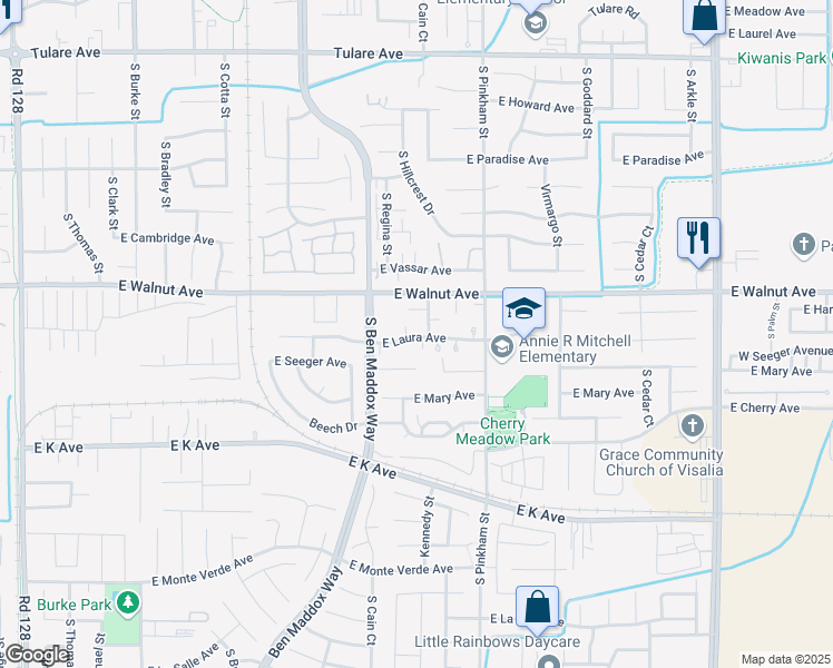 map of restaurants, bars, coffee shops, grocery stores, and more near 1830 East Laura Avenue in Visalia