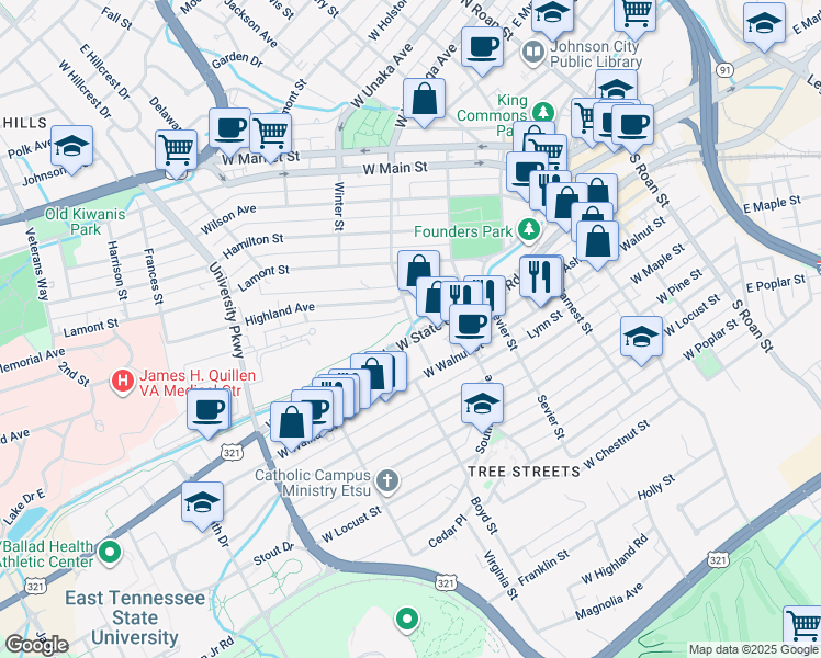 map of restaurants, bars, coffee shops, grocery stores, and more near 905 West Watauga Avenue in Johnson City