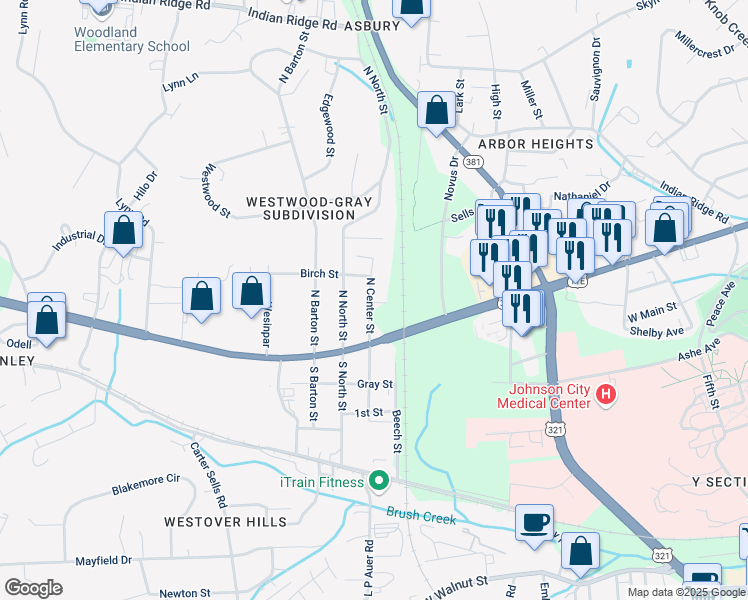 map of restaurants, bars, coffee shops, grocery stores, and more near 618 North North Street in Johnson City