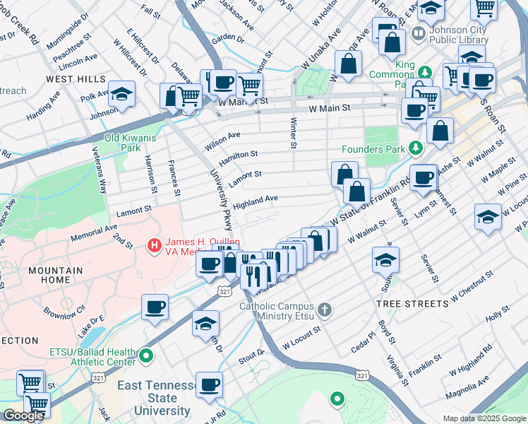 map of restaurants, bars, coffee shops, grocery stores, and more near 406 Lee Street in Johnson City