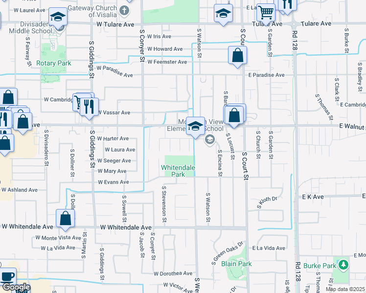 map of restaurants, bars, coffee shops, grocery stores, and more near 2124 South Columbus Court in Visalia