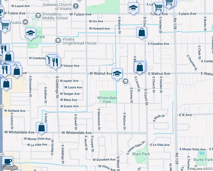 map of restaurants, bars, coffee shops, grocery stores, and more near 530 West Harter Avenue in Visalia