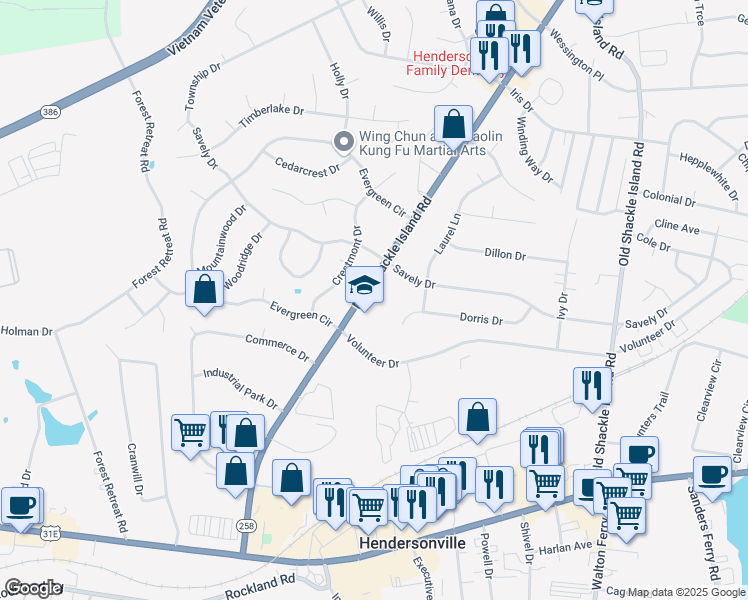 map of restaurants, bars, coffee shops, grocery stores, and more near 166 New Shackle Island Road in Hendersonville