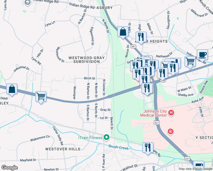 map of restaurants, bars, coffee shops, grocery stores, and more near 614 North Center Street in Johnson City
