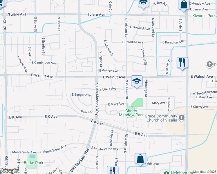 map of restaurants, bars, coffee shops, grocery stores, and more near 1807 East Harter Court in Visalia