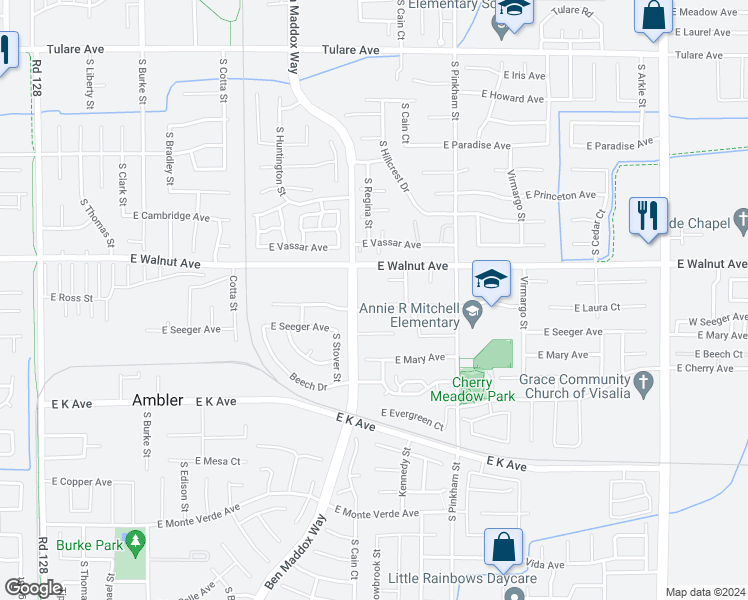 map of restaurants, bars, coffee shops, grocery stores, and more near 1740 East Laura Avenue in Visalia