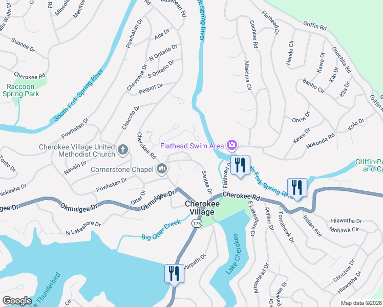 map of restaurants, bars, coffee shops, grocery stores, and more near 10 Eufala Trail in Cherokee Village