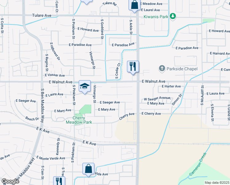 map of restaurants, bars, coffee shops, grocery stores, and more near 2115 South Cedar Court in Visalia