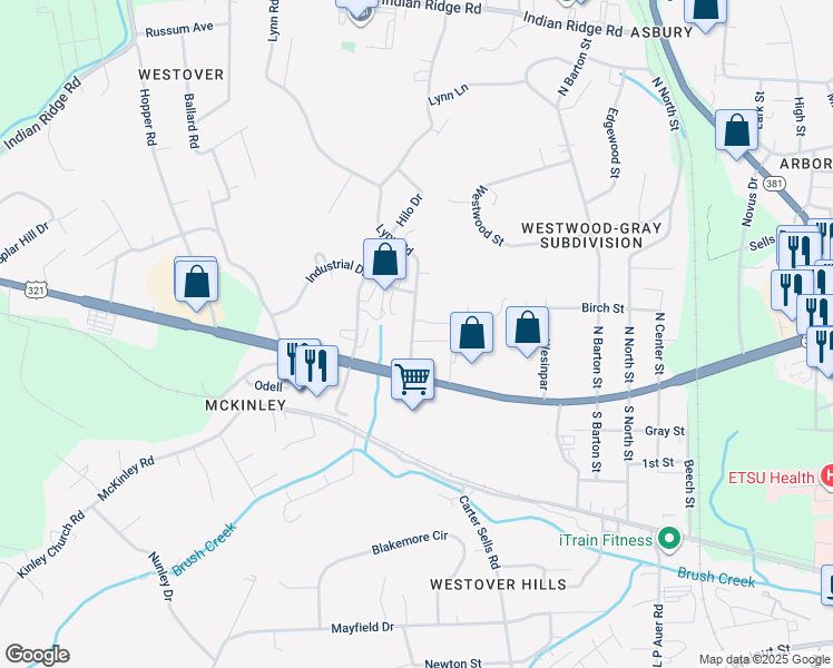 map of restaurants, bars, coffee shops, grocery stores, and more near 100 Lynn Road in Johnson City