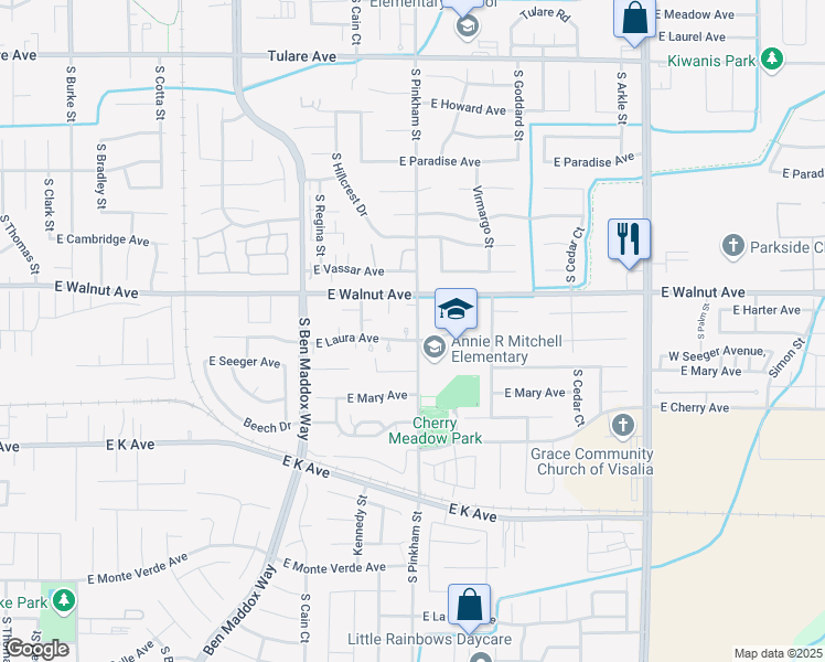 map of restaurants, bars, coffee shops, grocery stores, and more near 2044 East Laura Avenue in Visalia