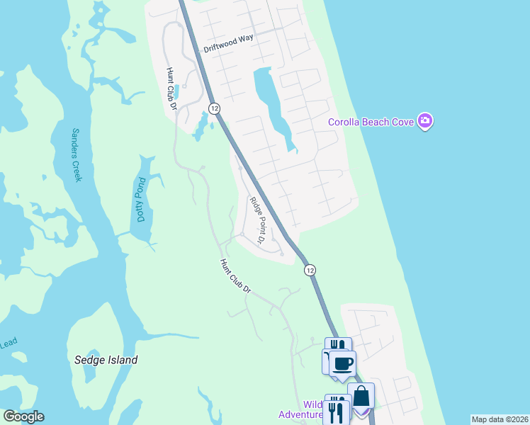 map of restaurants, bars, coffee shops, grocery stores, and more near 741 Ridge Point Drive in Corolla