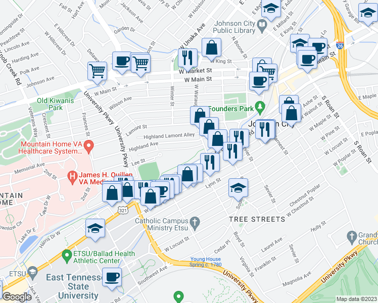 map of restaurants, bars, coffee shops, grocery stores, and more near 906 West Watauga Avenue in Johnson City