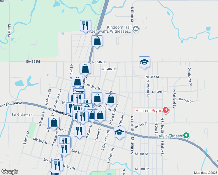 map of restaurants, bars, coffee shops, grocery stores, and more near 212 North Rowe Street in Pryor